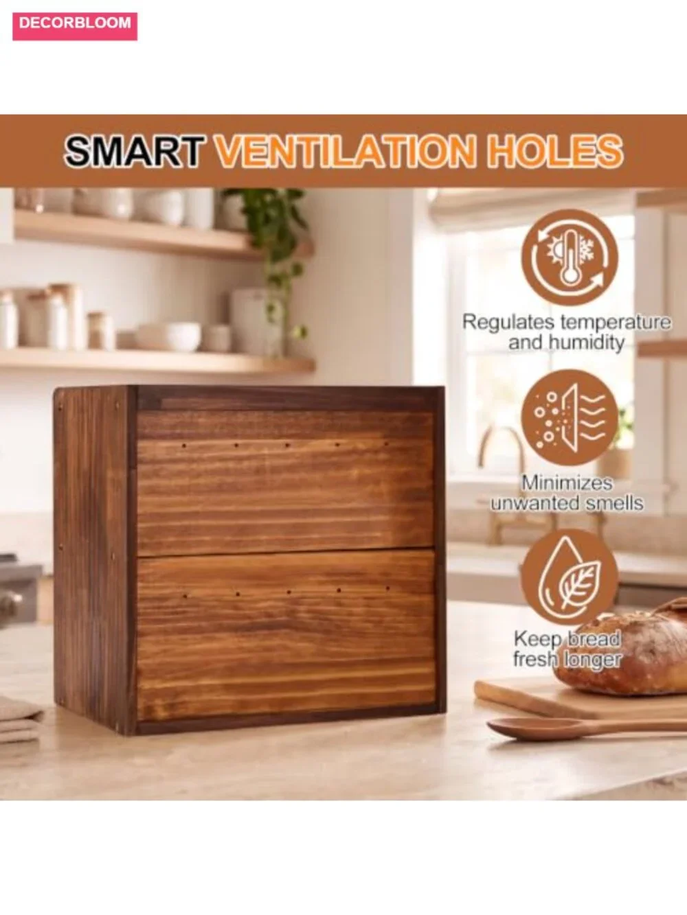 Solid Pine Wood Large Double Layer Bread Box with Acrylic Window